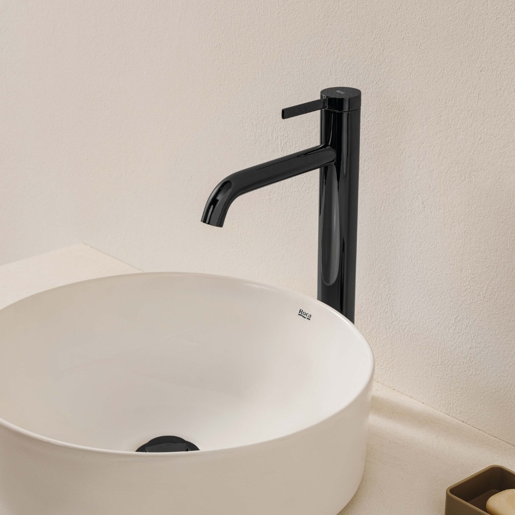 Lifestyle image of the Roca Ona Titanium Black Tall Basin Mixer Tap with Click-Clack Waste